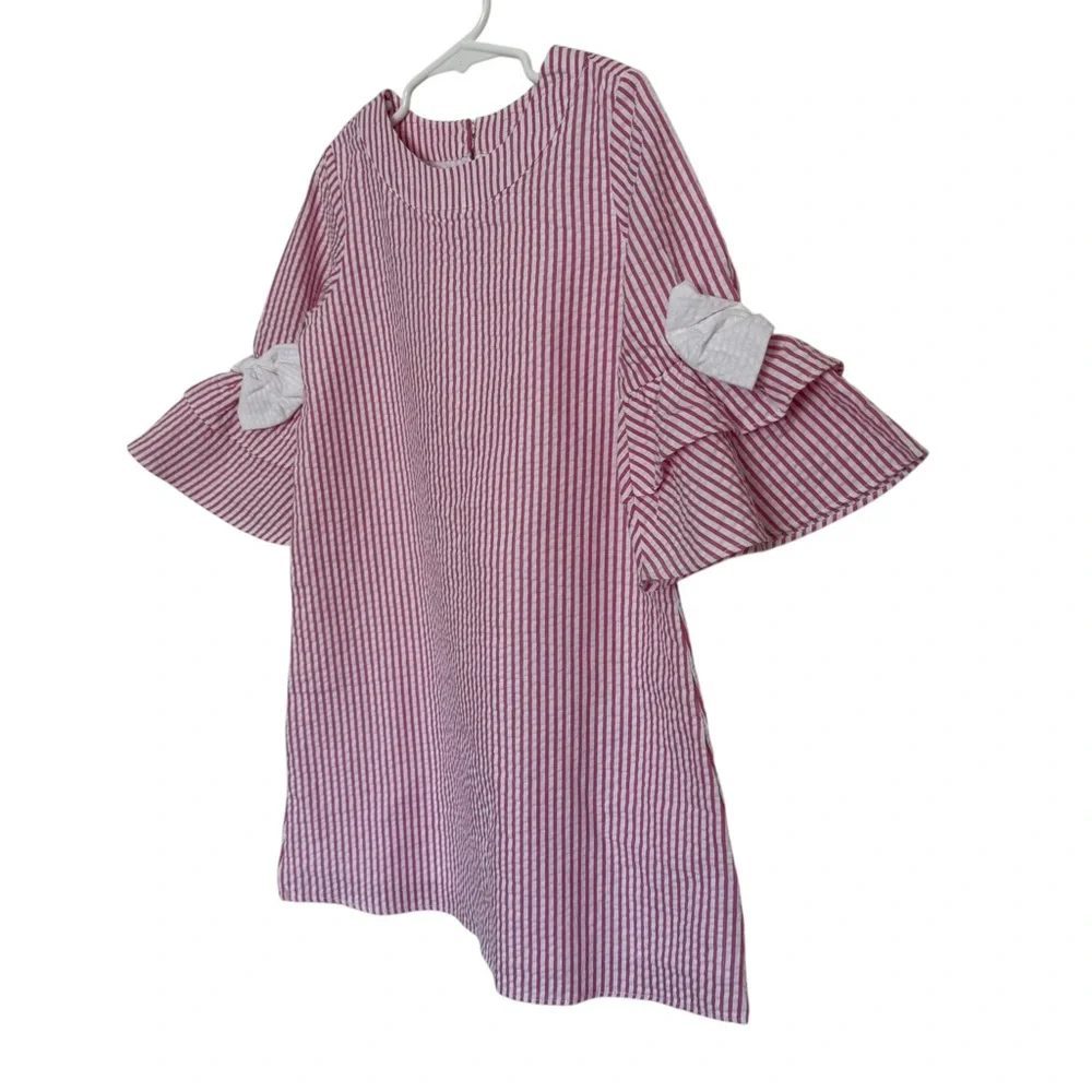 Rare Editions Girls Pink and White Striped Seersucker Dress Size 6